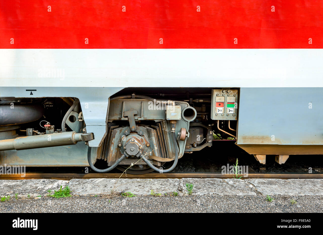 Modern train detail. Wheel axle from the wagon. Stock Photo