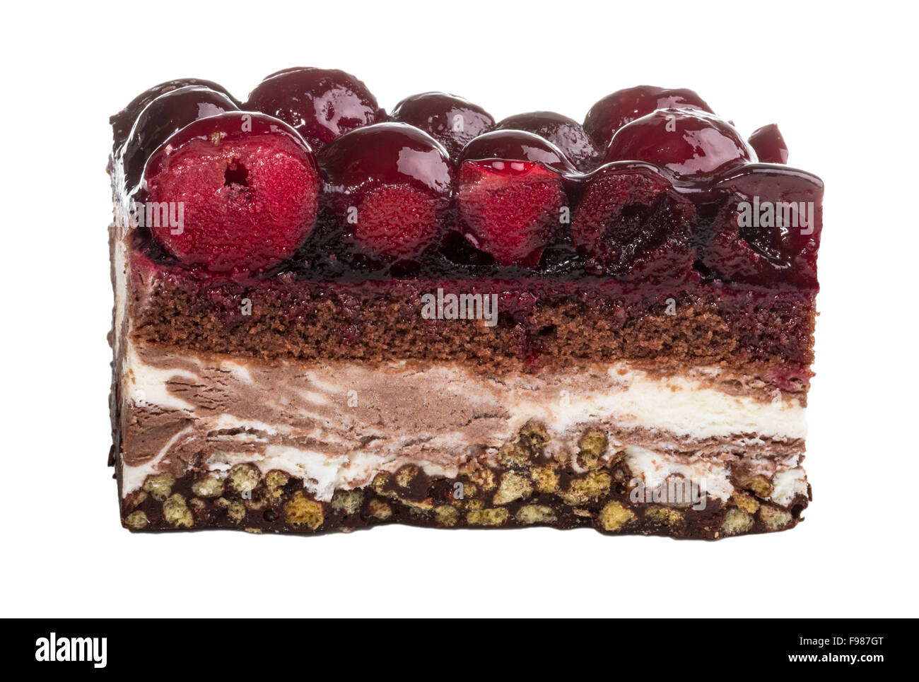 Chocolate cake with cherry on top on a white background Stock Photo - Alamy
