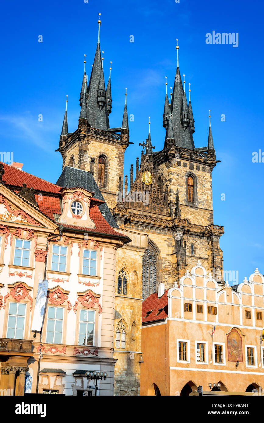 Prague, Czech Republic. One of Stare Mesto symbols, Church of Our Lady of Tyn, with gothic facade and 80 meters towers, Bohemia. Stock Photo