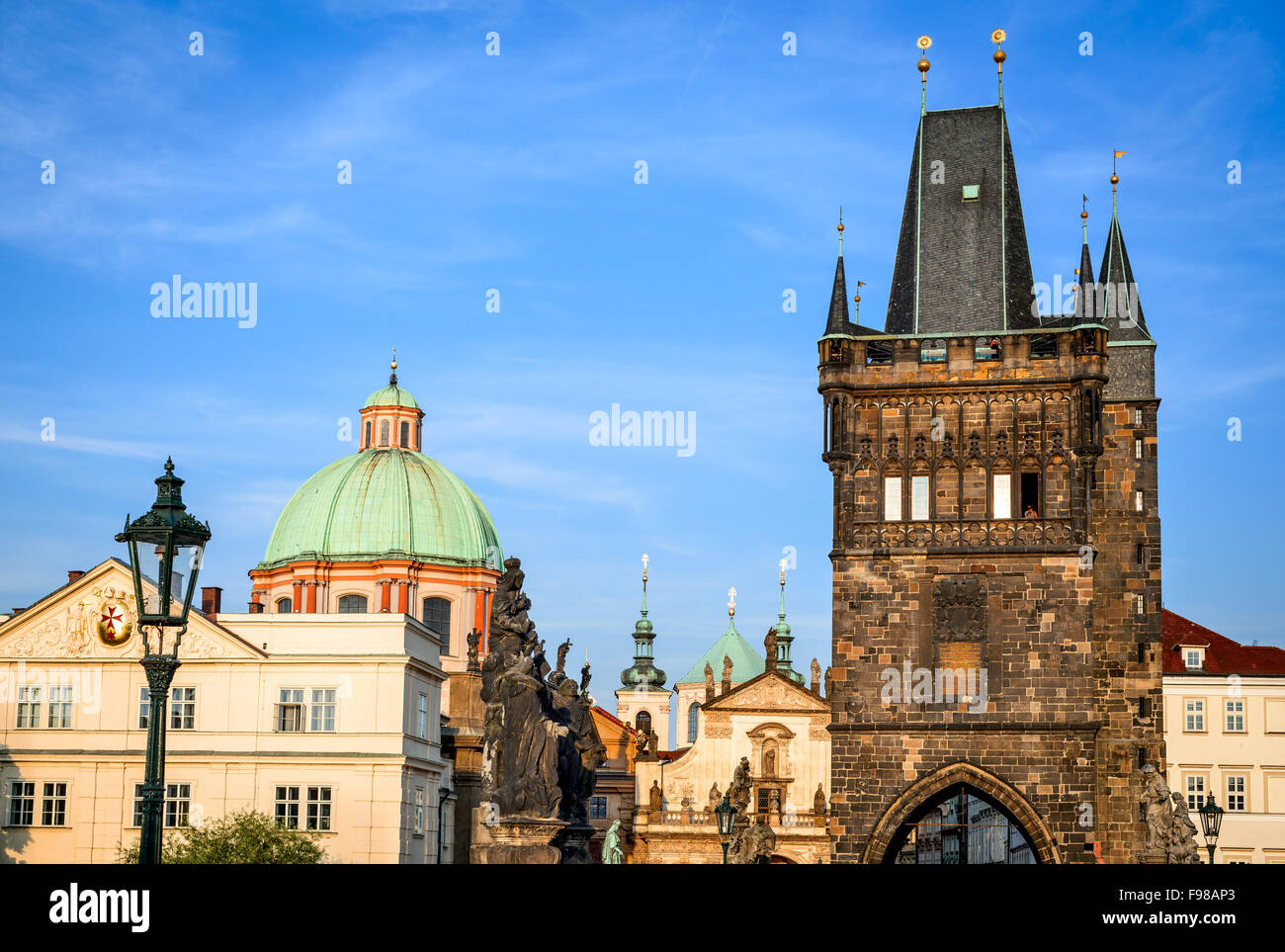 Prague, Czech Republic. Charles Bridge and Stare Mesto domes and spires of Prague’s churches the city’s main landmarks. Stock Photo