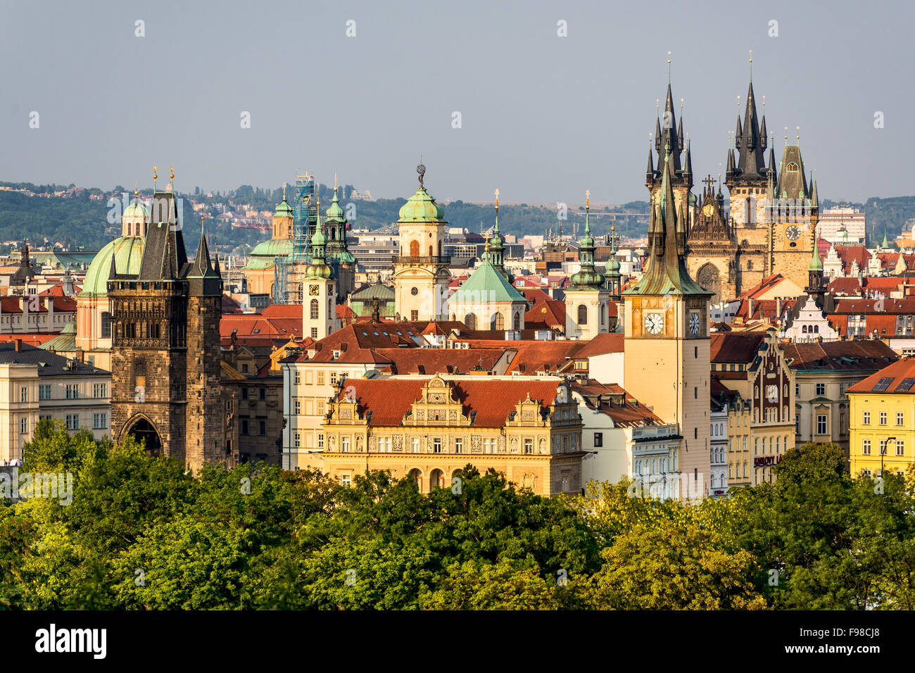 Prague, Czech Republic. Summer scenery of Praha with towers. Old Town Tower, Tyn Church of Starometska in Stare Mesto district. Stock Photo