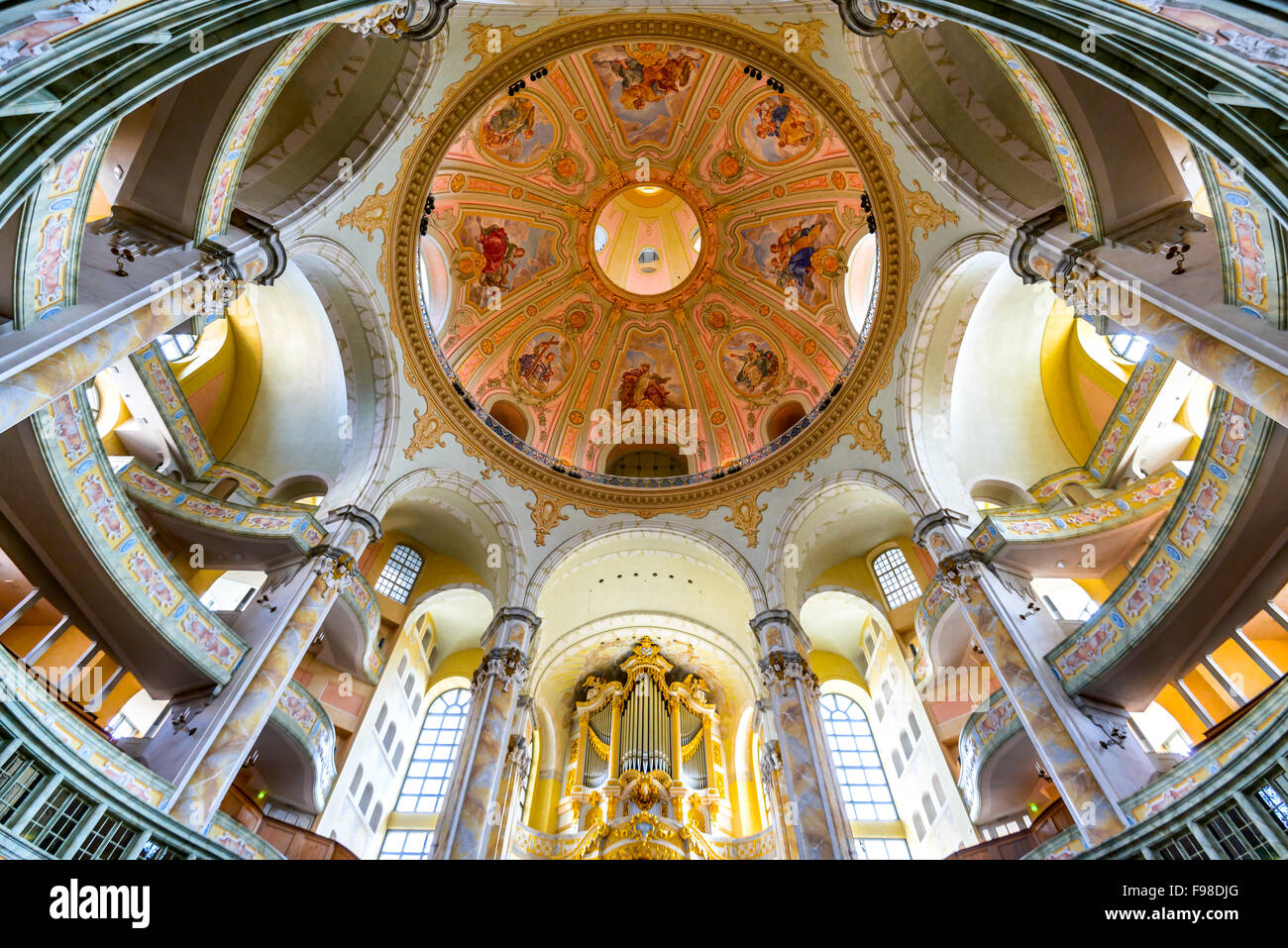Dresden, Germany. The interior of the Frauenkirche cathedral in Dresda, Saxony. Frauenkirche was completed in 1743. Stock Photo