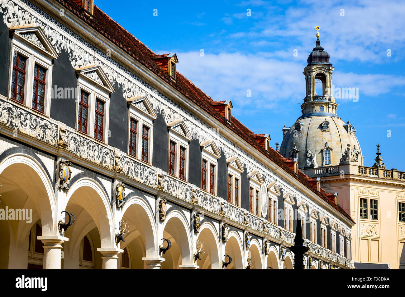 Dresden, Saxony. Architecture medieval detail with dome of Frauenkirche in Germany. Stock Photo