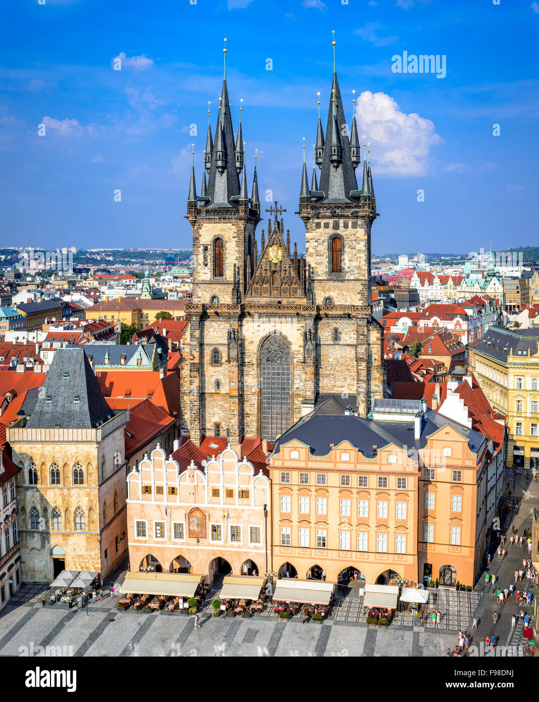 Prague, Czech Republic. Aerial view over Church of Our Lady before Tyn at Old Town square (Starometska) in Praha. Stock Photo