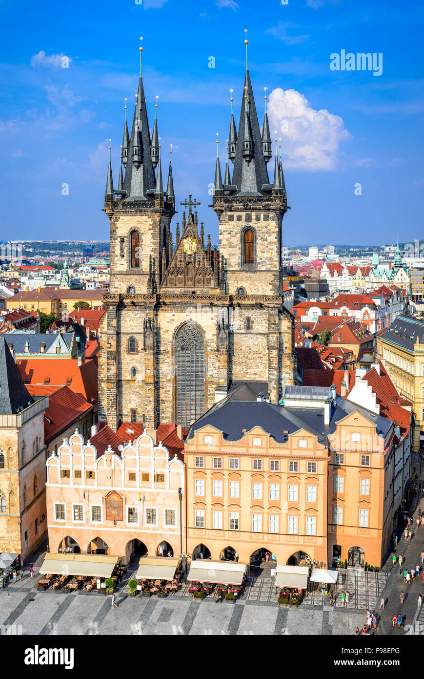 Prague, Czech Republic. Aerial view over Church of Our Lady before Tyn at Old Town square (Starometska) in Praha. Stock Photo