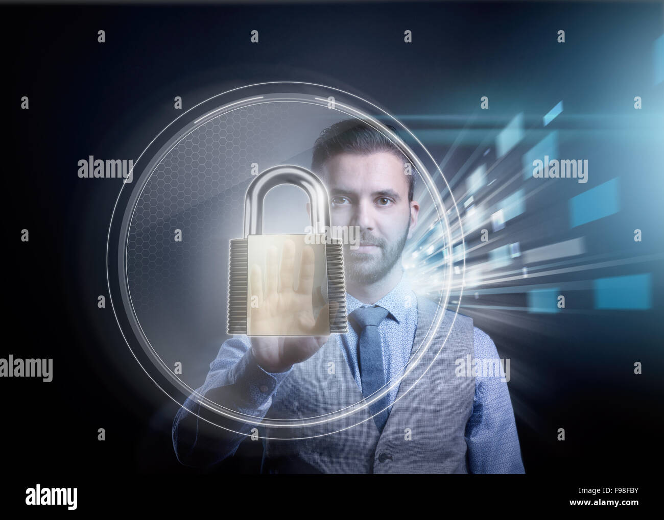 Hipster businessman showing concept of online business security on virtual screen Stock Photo