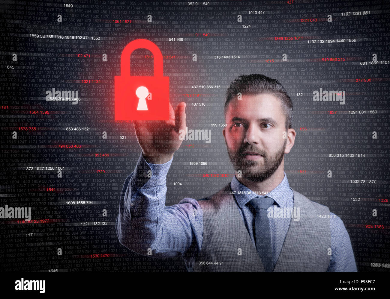 Hipster businessman showing concept of online business security on virtual screen Stock Photo