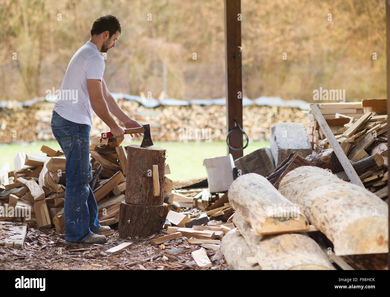 Young man chopping wood in his backyard Stock Photo Alamy