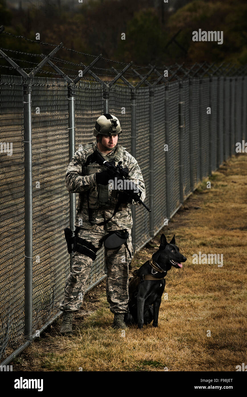 An Air Force Security Forces K 9 handler and his military working dog stand next to a barbed wire fence Stock Photo Alamy