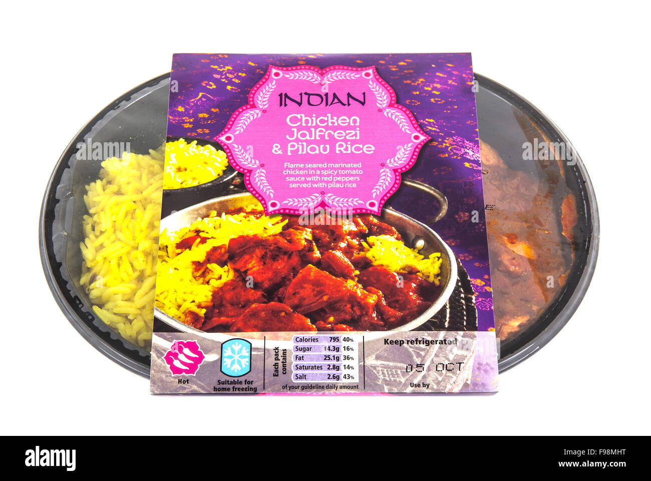 Indian Jalfrazi curry with Pilau rice on white background with all logos and trade marks removed Stock Photo