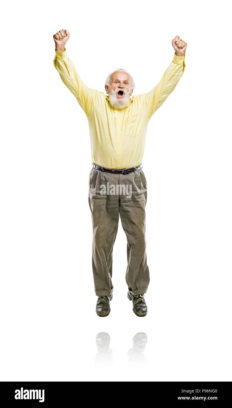 Happy old active bearded man jumping isolated on white background Stock Photo