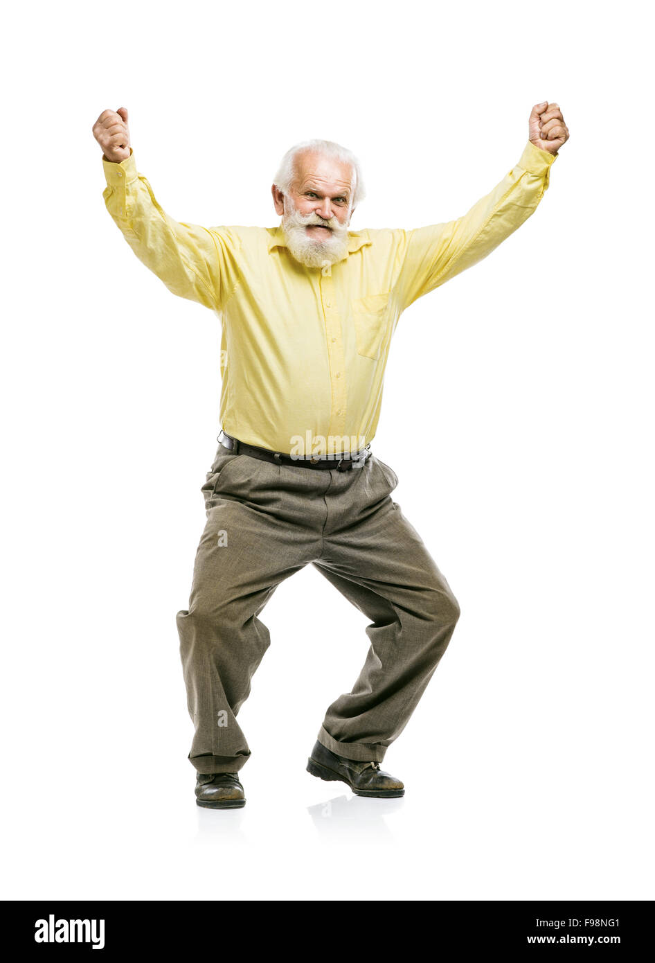 Happy old active bearded man jumping isolated on white background Stock Photo