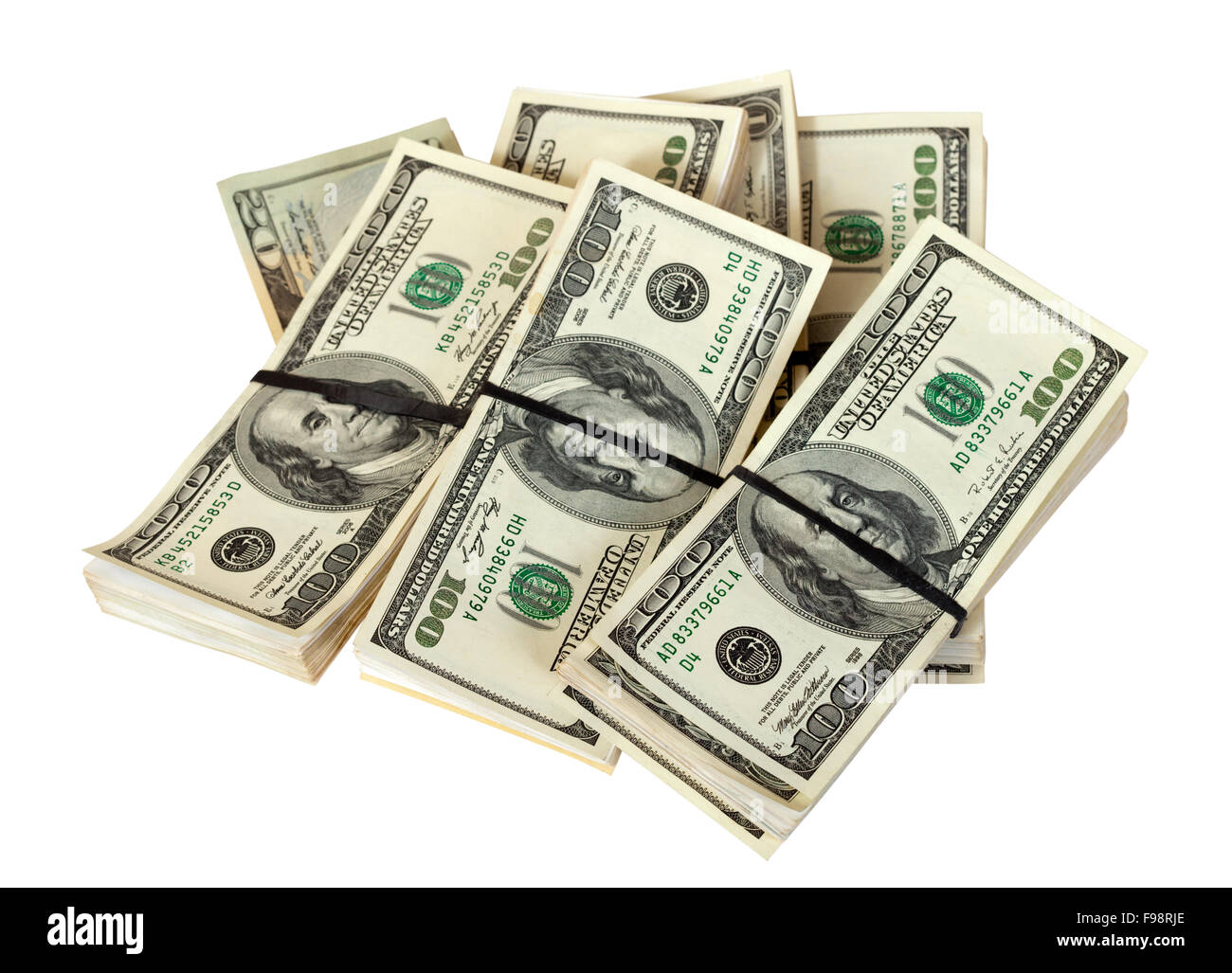 Many bundles of US dollars bank notes. Isolated on white background ...