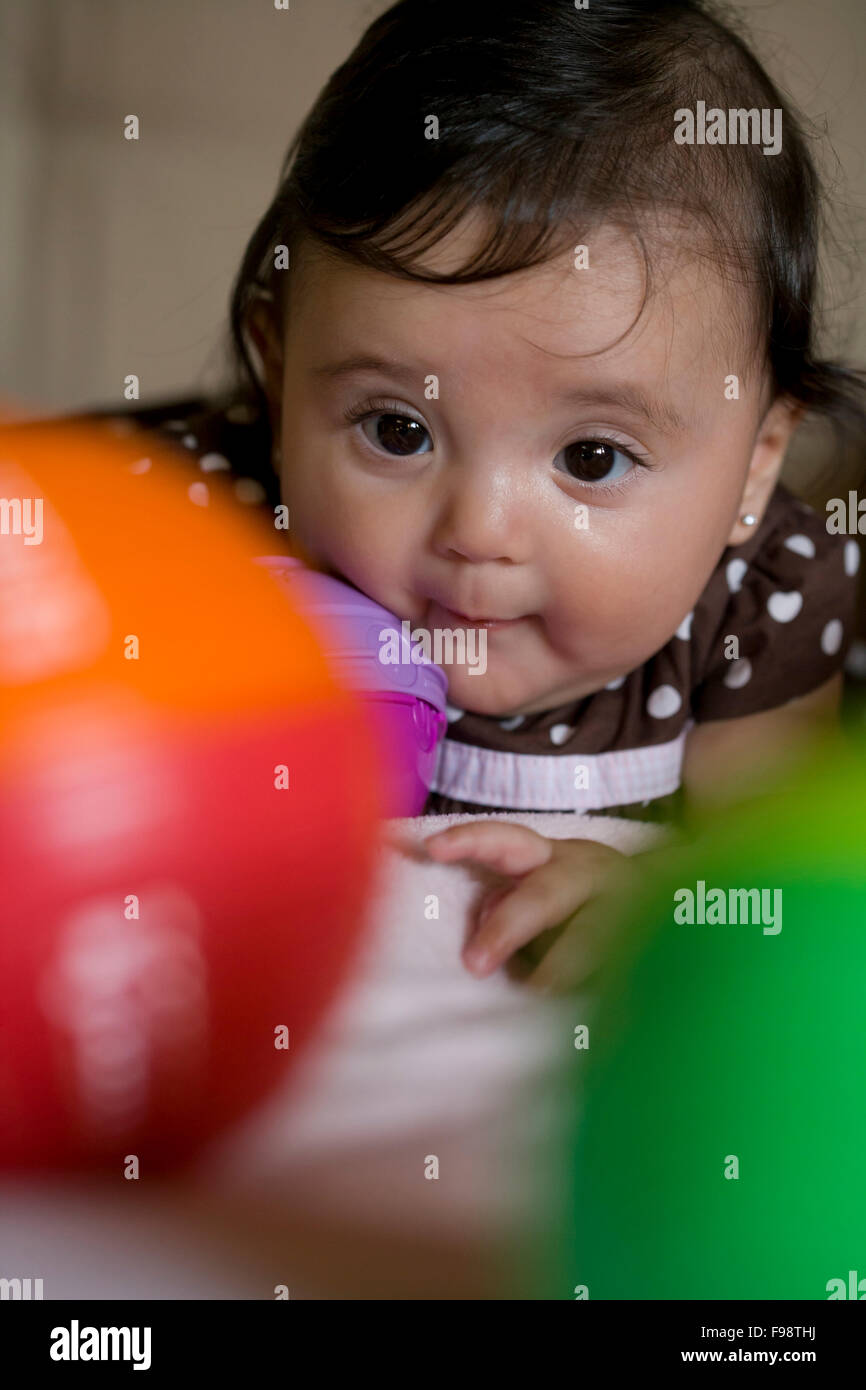 Portrait of a brown haired baby girl in her family's home in California. Stock Photo