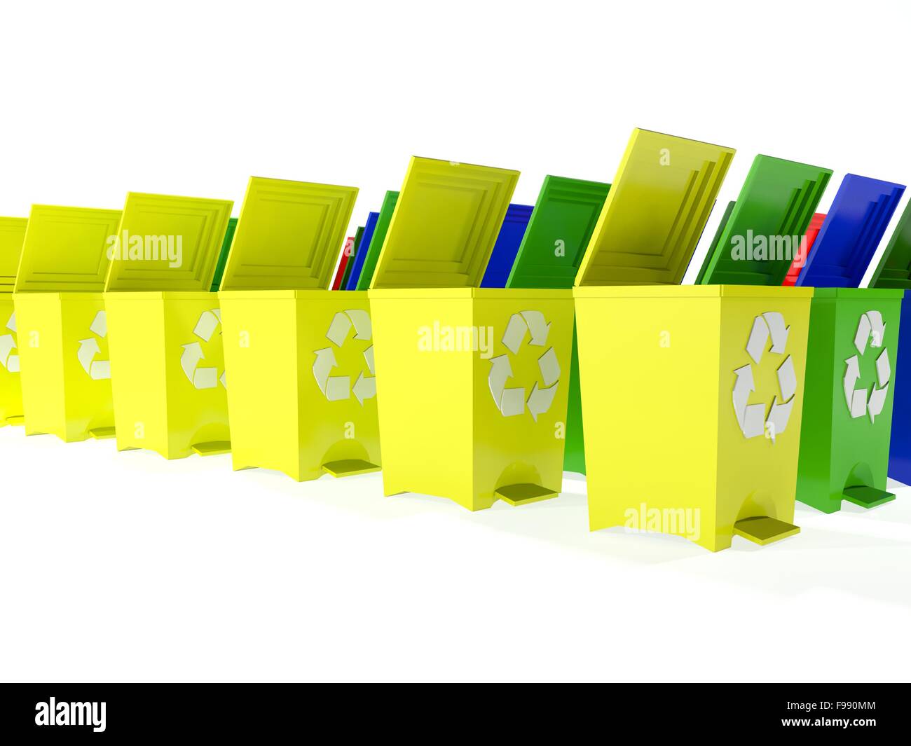 https://c8.alamy.com/comp/F990MM/recycle-bins-in-yellowgreenblue-and-red-F990MM.jpg
