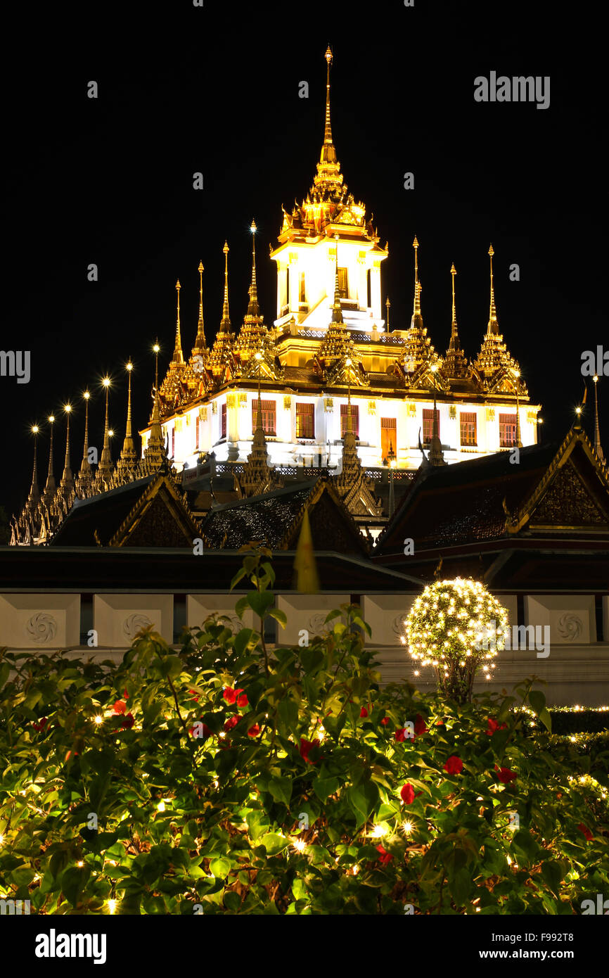 Wat Ratchanada Loha Prasat Metal Palace in Wat ratchanadda at night, Bangkok, Thailand ...