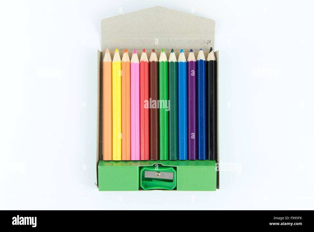 Crayon Box wood with sharpener isolated Stock Photo Alamy