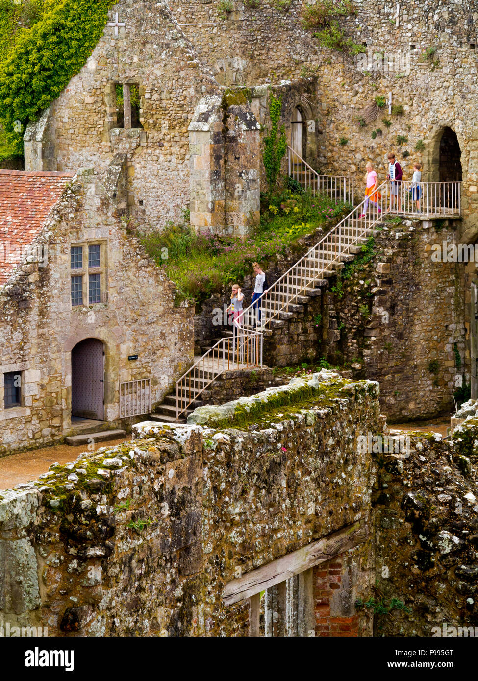 View over the stone walls of Carisbrooke Castle a motte and bailey castle near Newport Isle of Wight England UK Stock Photo
