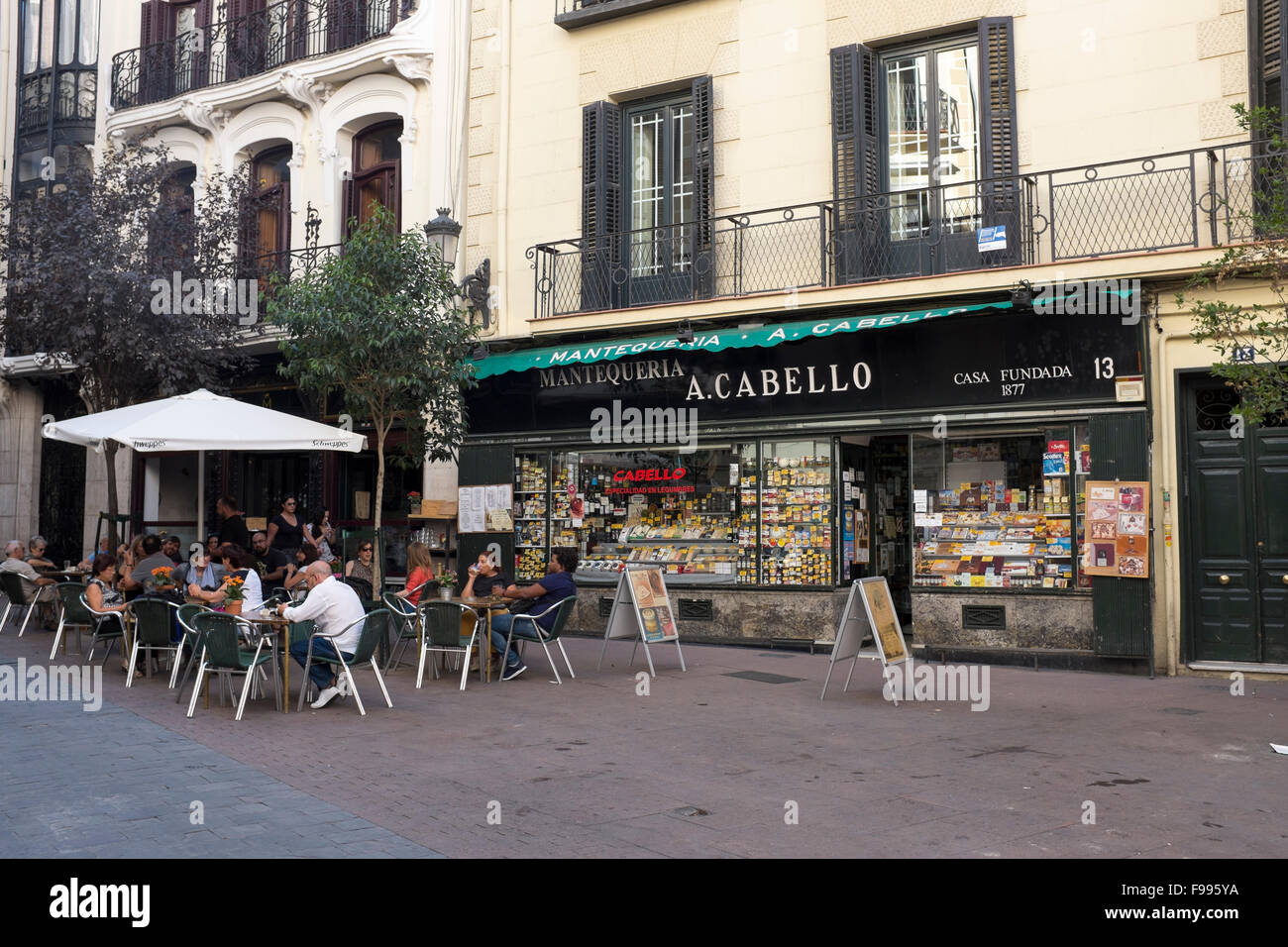 Street Cafe and Shop in Madrid Spain Stock Photo