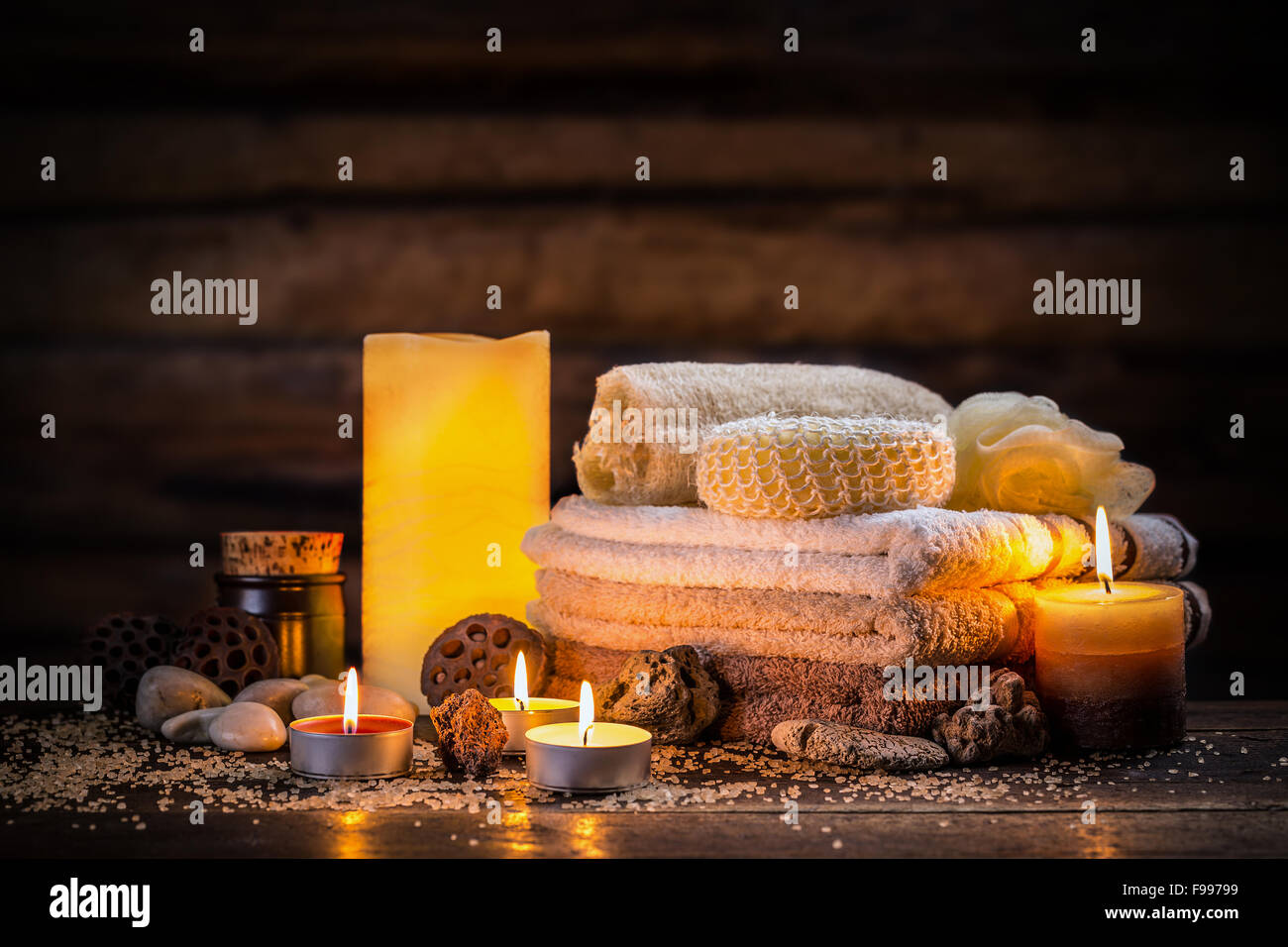 Composition of spa treatment on dark background Stock Photo