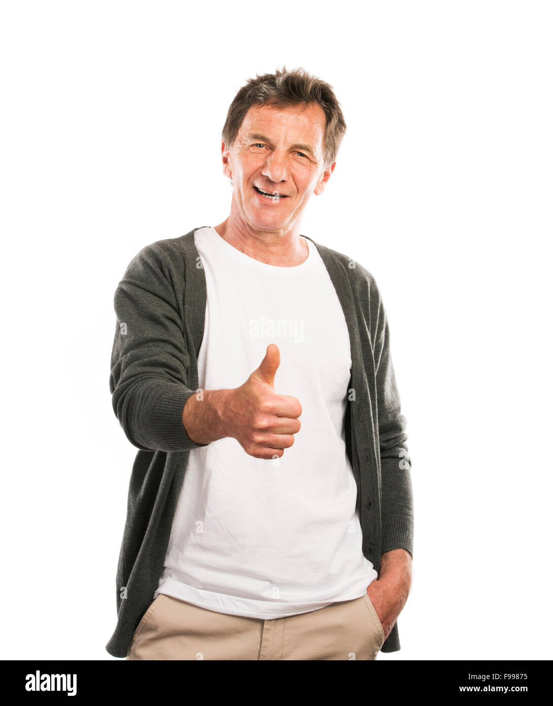 Portrait of a happy senior man with thumbs up isolated on white background Stock Photo