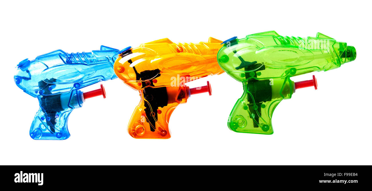 Three plastic water pistol isolated on a white background Stock Photo