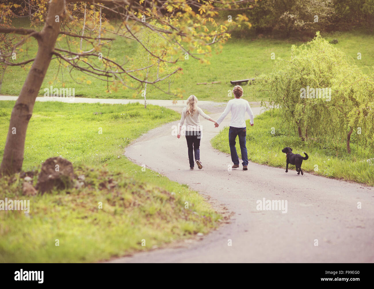 Young beautiful couple taking a walk in green park Stock Photo - Alamy