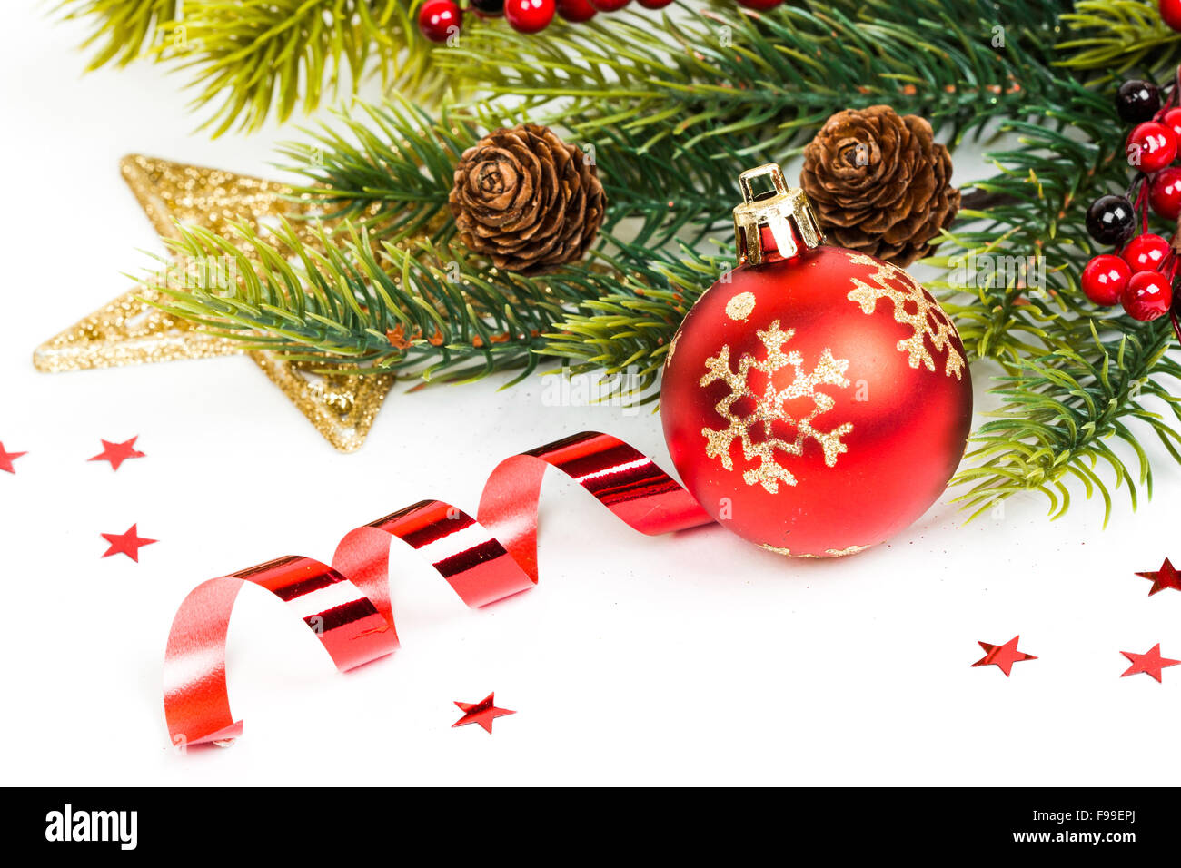 Christmas balls and fir branches with decorations Stock Photo - Alamy