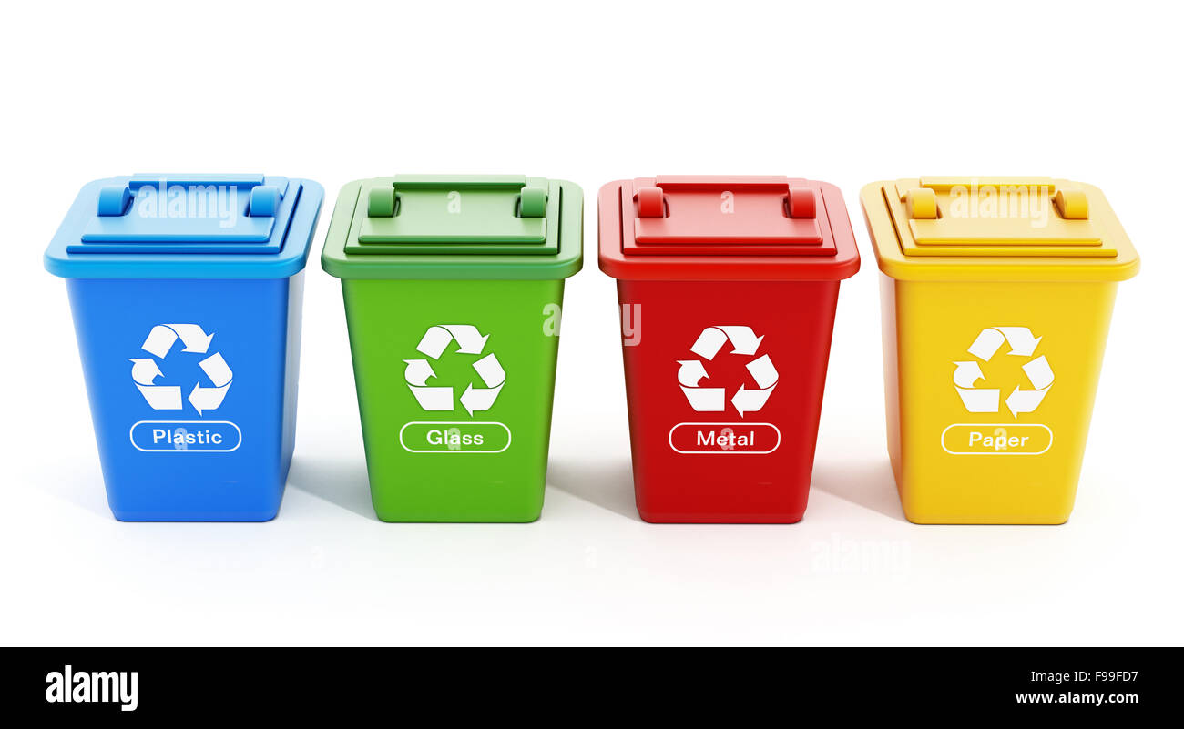 Plastic, glass, metal and paper recycle bins isolated on white background Stock Photo