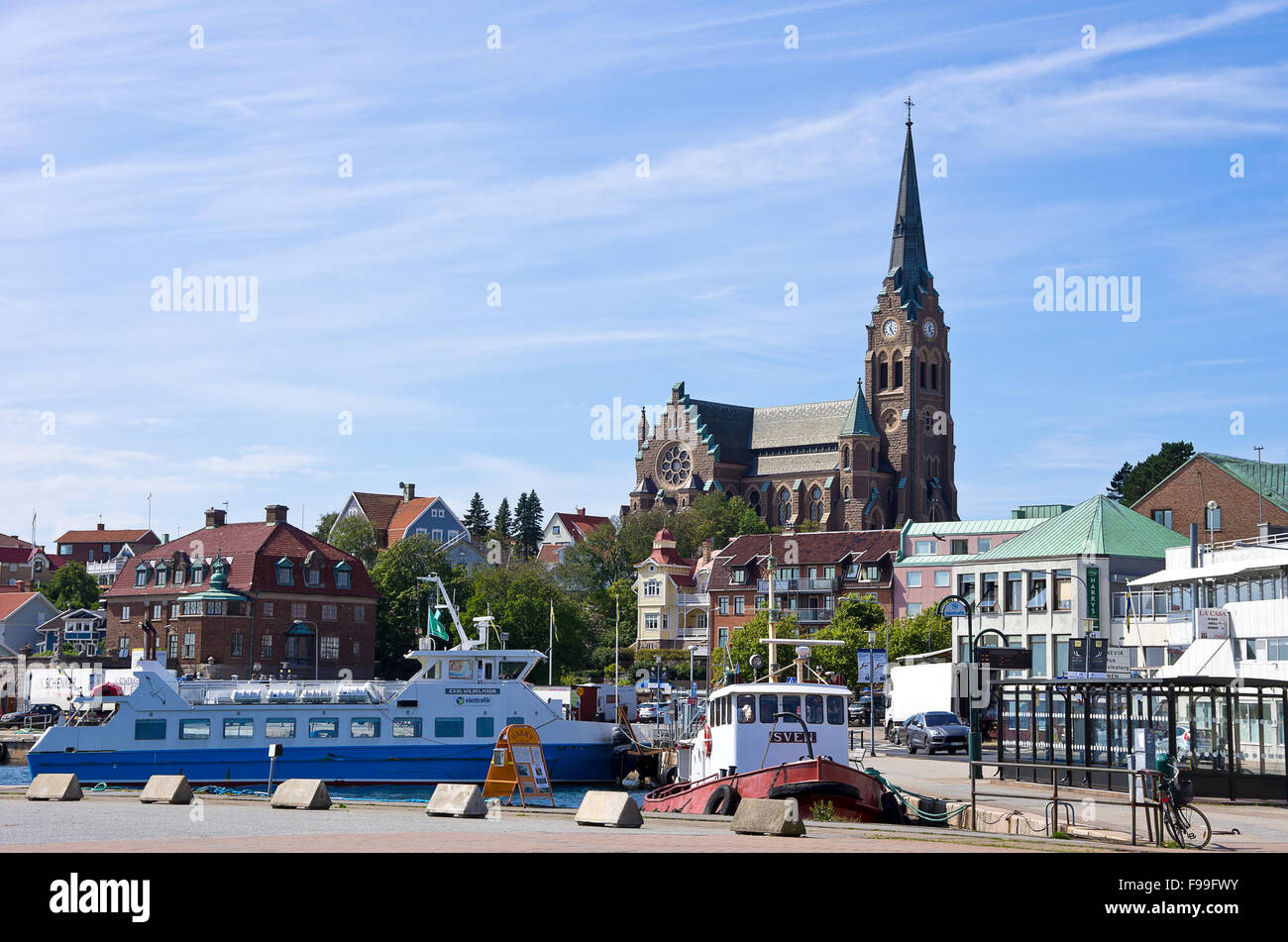 VIEW OF THE HARBOUR AND CHURCH OF LYSEKIL, BOHUSLAN, SWEDEN. Stock Photo