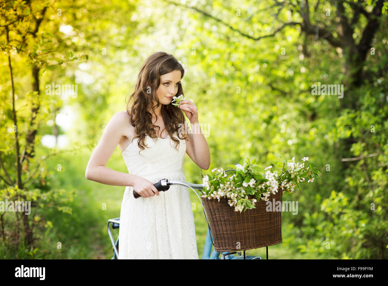 Pretty young woman with retro bike in green park Stock Photo