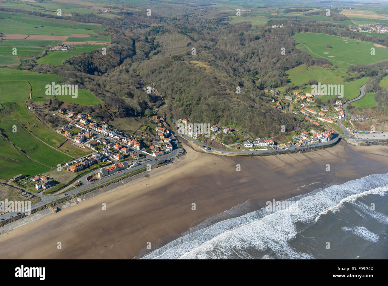 A scenic aerial view of the North Yorkshire coastal village of Sandsend Stock Photo