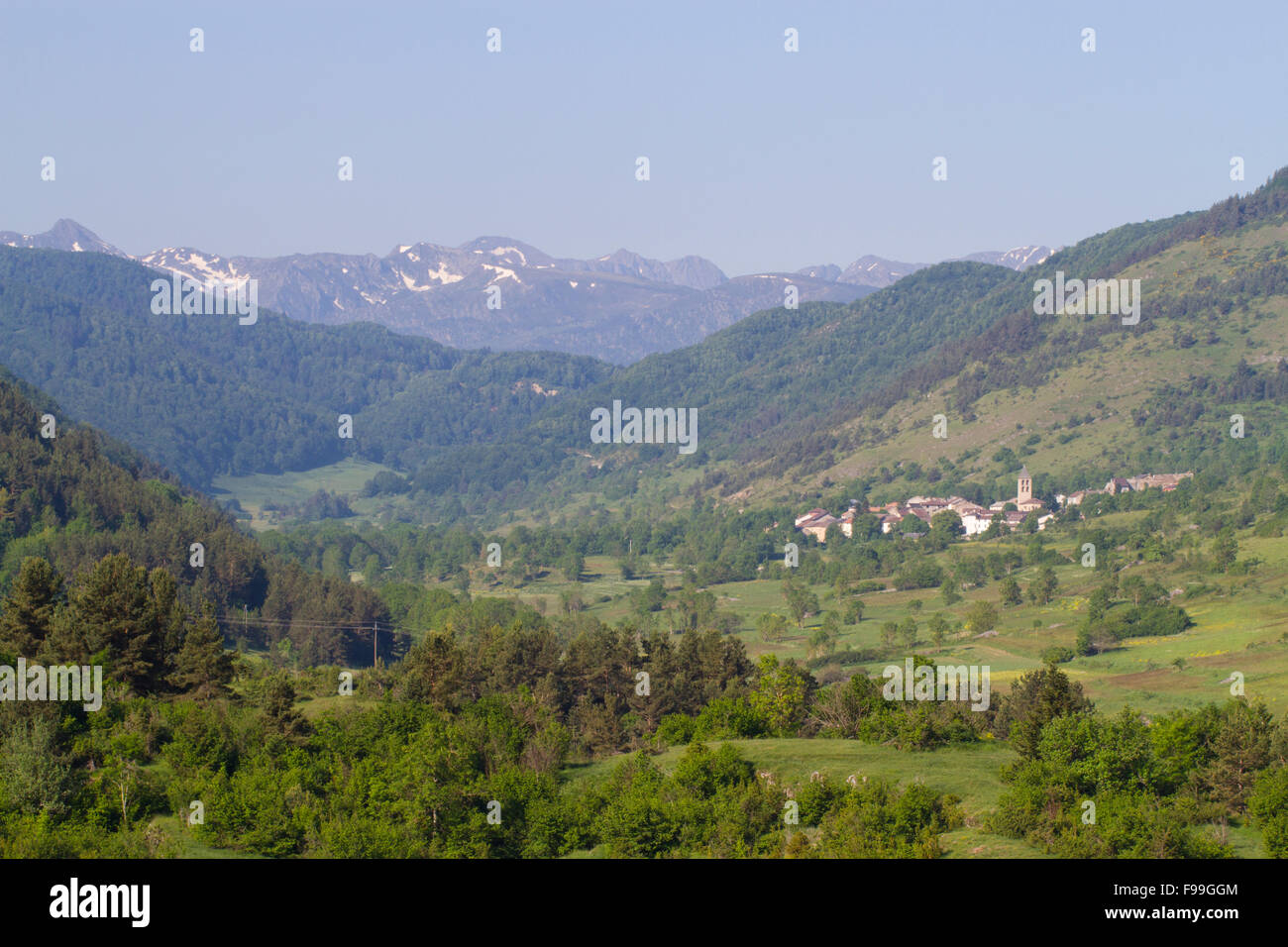 View of a mountain village. Prades, Ariege Pyrenees, France. June. Stock Photo