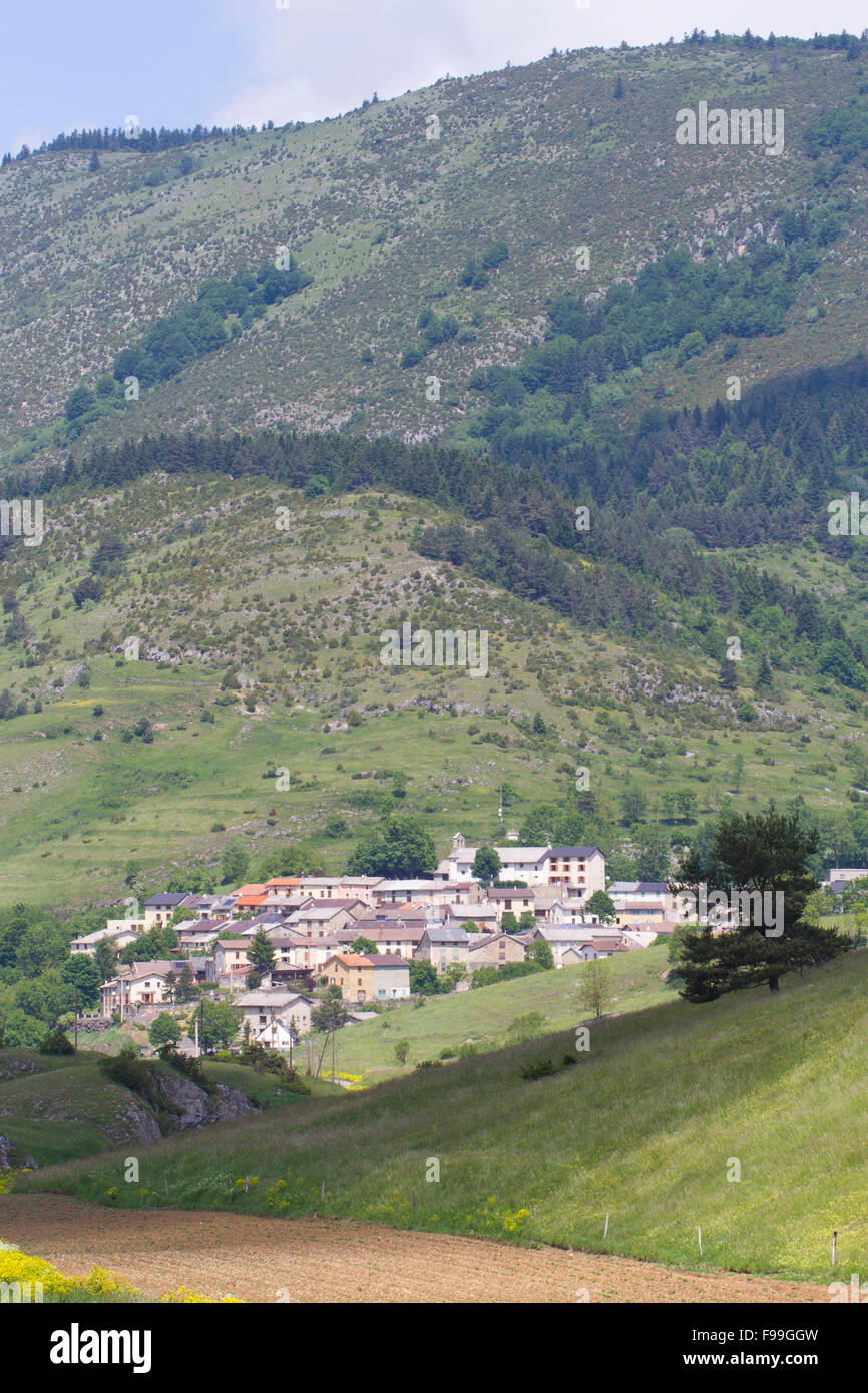 View of a mountain village. Comus, Aude Pyrenees, France. June. Stock Photo