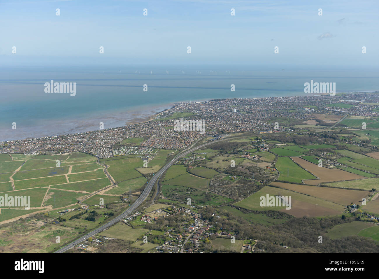 An aerial view of the Kent coastal towns of Whitstable and Seasalter Stock Photo