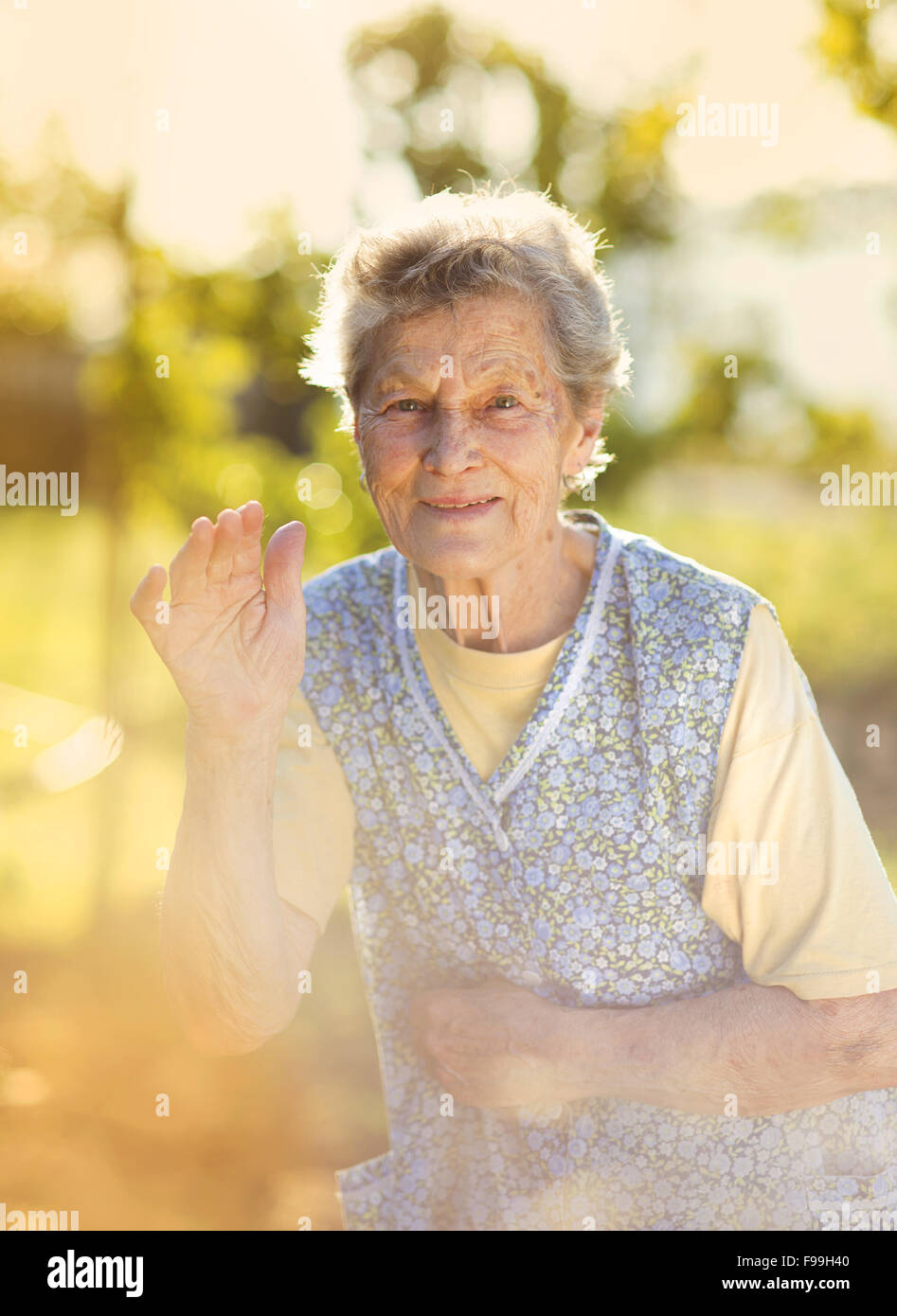 Portrait of senior woman in apron in the sunny garden Stock Photo - Alamy