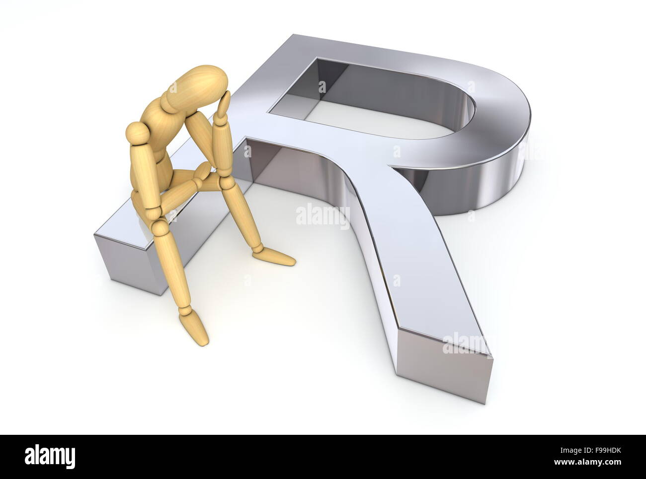 Lay Figure Sitting on Rand Symbol Stock Photo