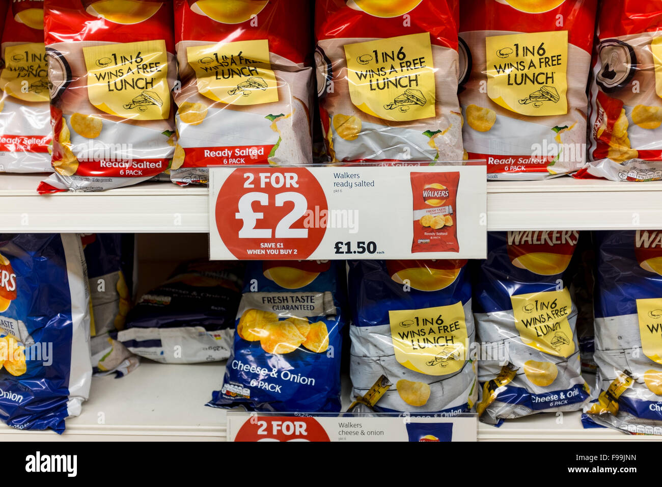 2 for £2 crisps offer in supermarket, UK Stock Photo