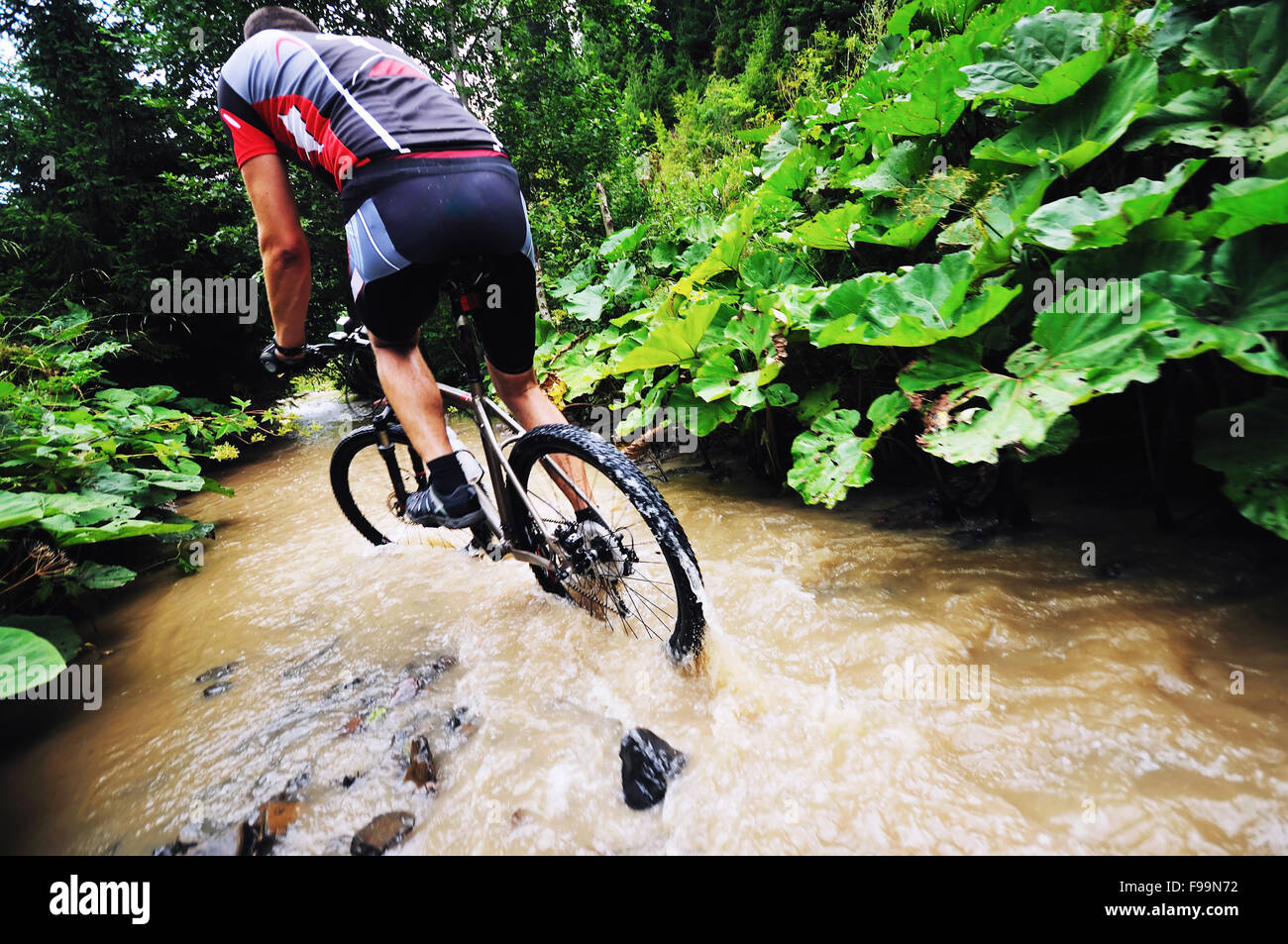 young man drive mountain bike over water river Stock Photo Alamy