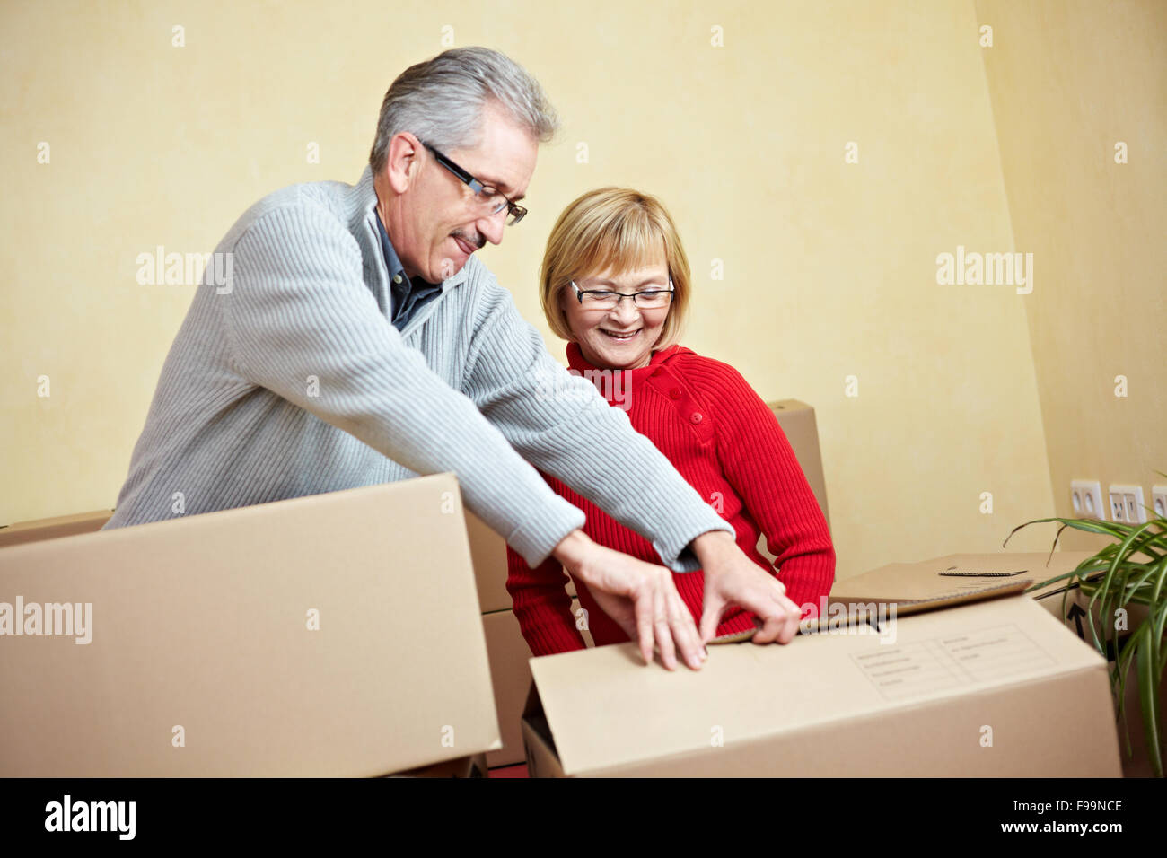 Two happy senior people with many moving boxes Stock Photo