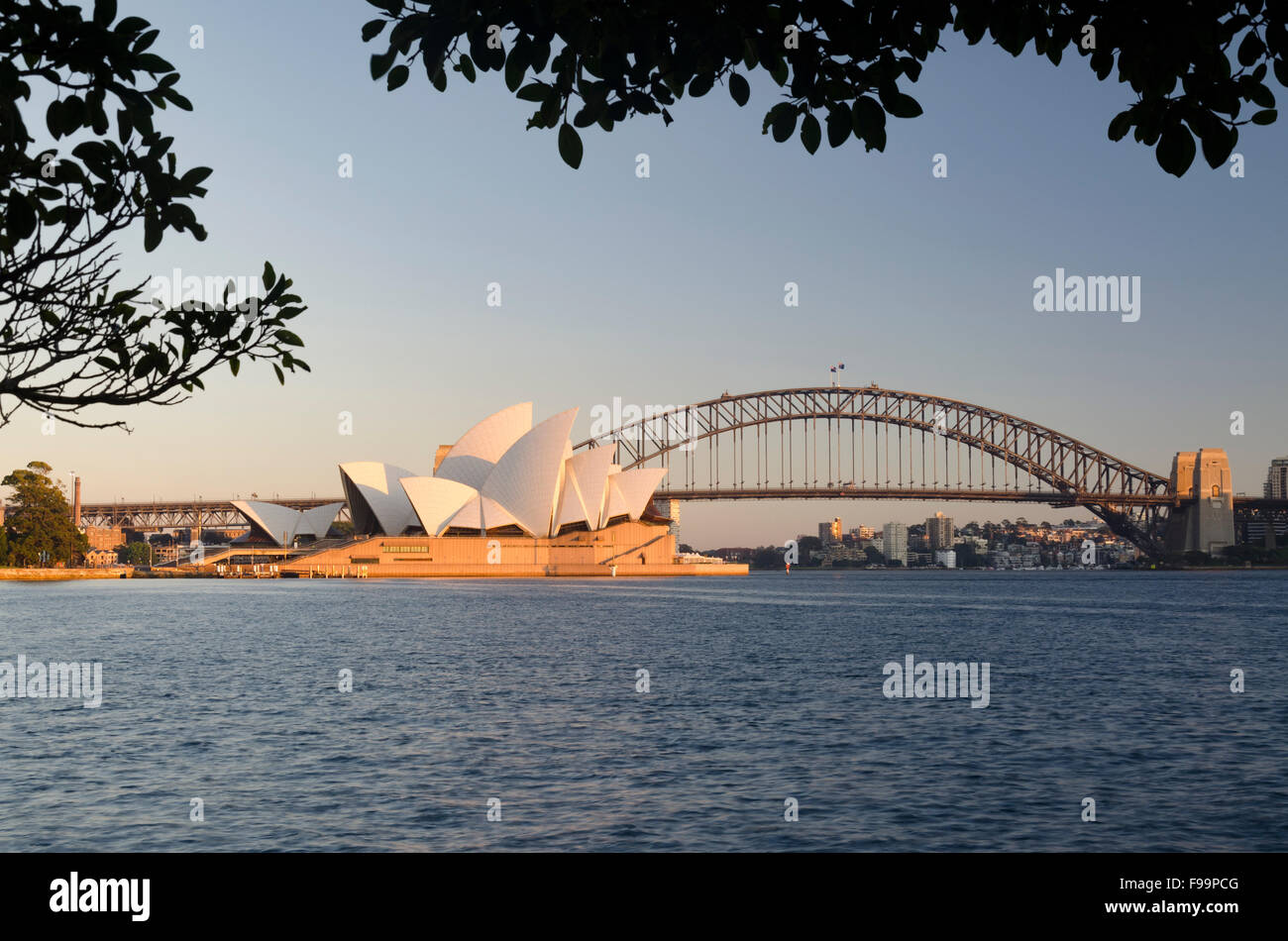 The Sydney Opera House and the Sydney Harbour Bridge from Lady Macquarie's Chair in the Royal Botanic Gardens, Australia Stock Photo