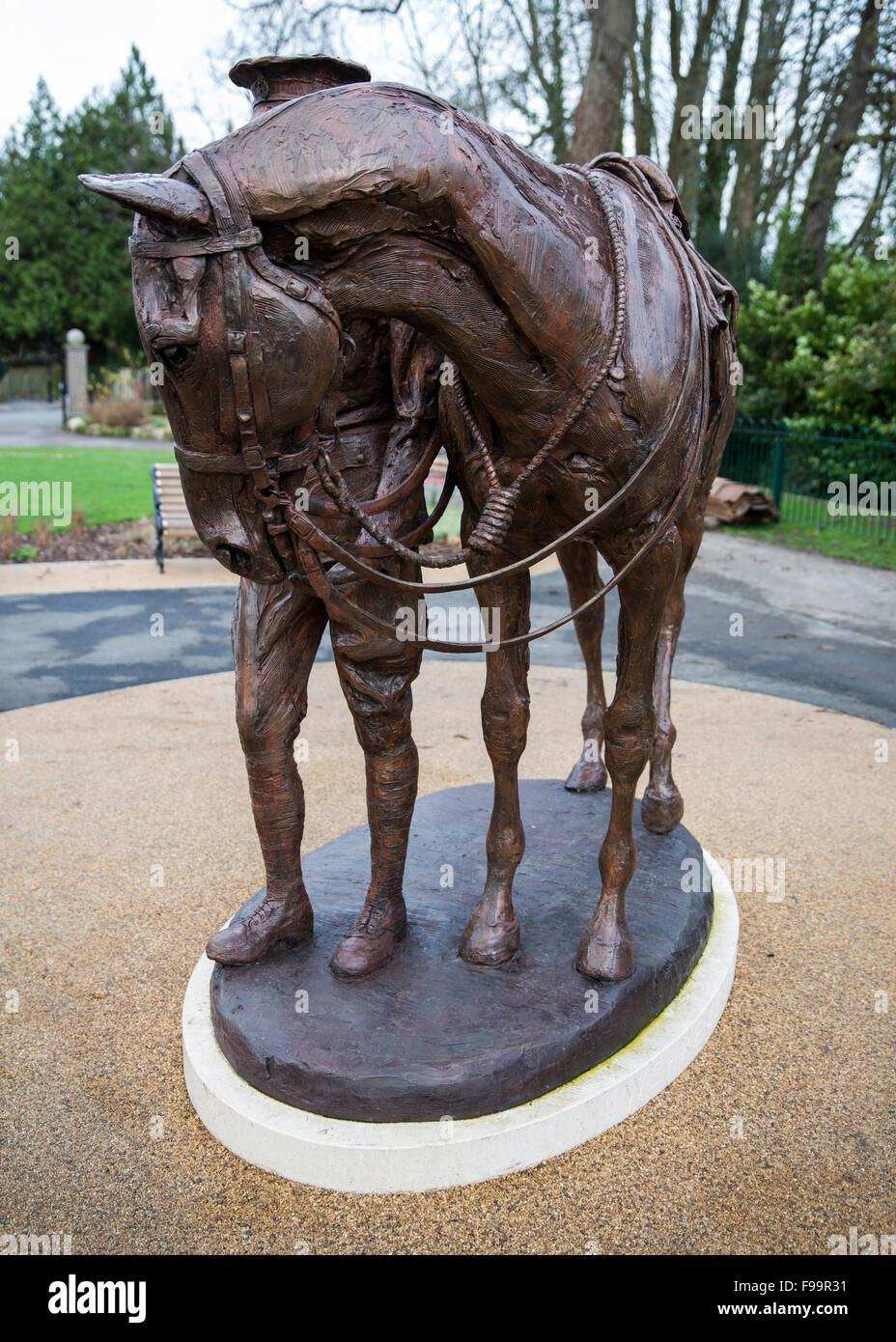 A statue of a Great War trooper and his horse commemorating the Romsey Remount Depot and its role in the First World War Stock Photo