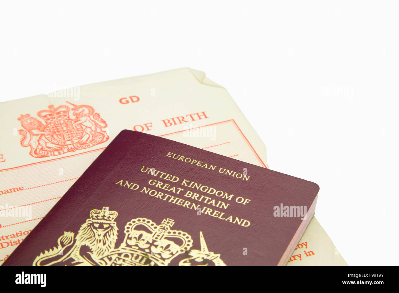 United Kingdom Passport and Birth Certificate Stock Photo