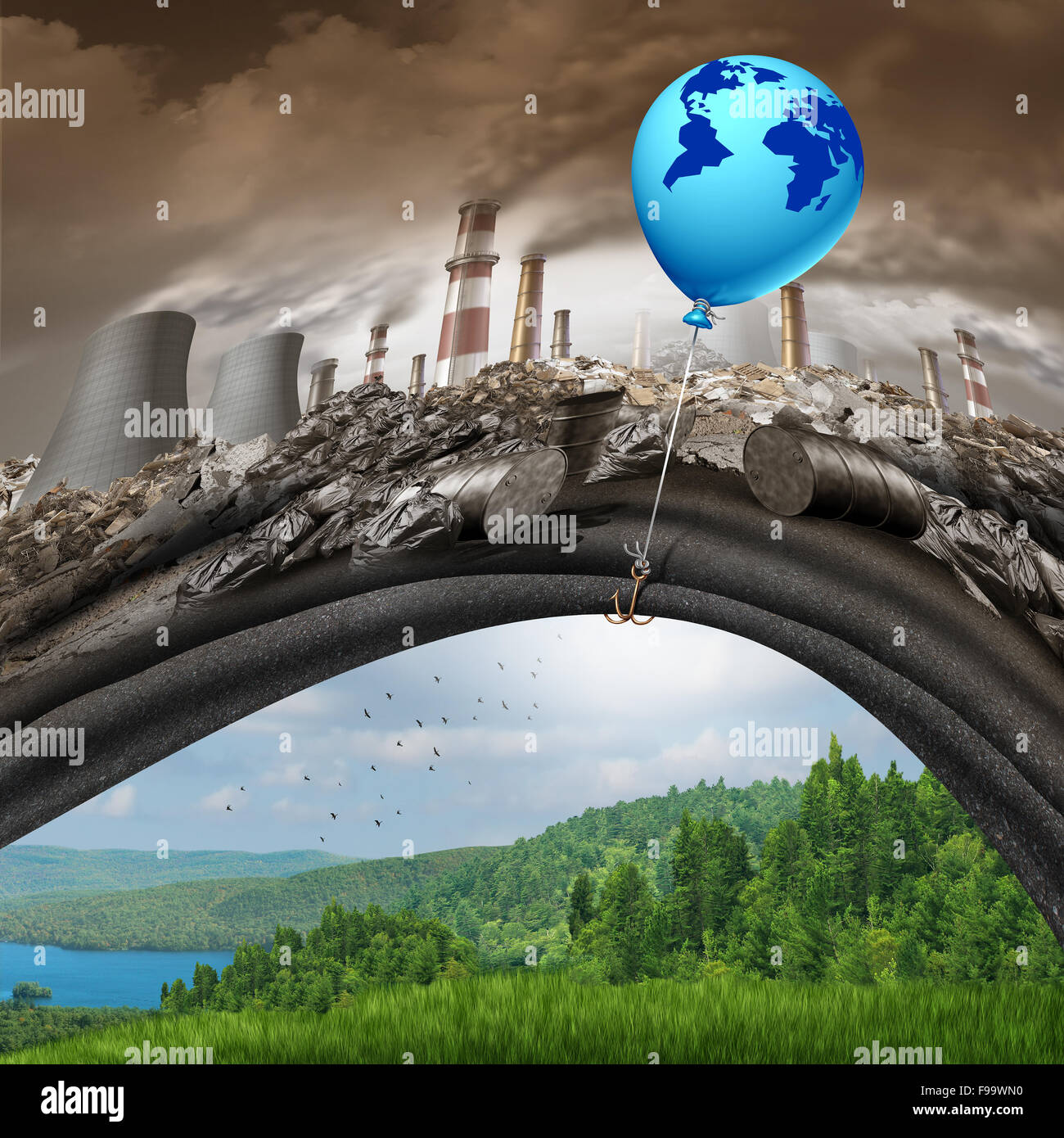 Climate change global agreement concept as a blue balloon of hope with a map of the earth lifting away a polluted dirty industrial background revealing a clean green natural landscape as a greenhouse gas solution symbol. Stock Photo