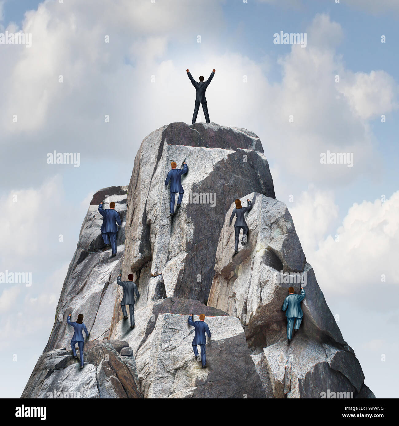 Climb to the top career business concept as a group of businesspeople climbing a rock mountain with one individual leader reachi Stock Photo