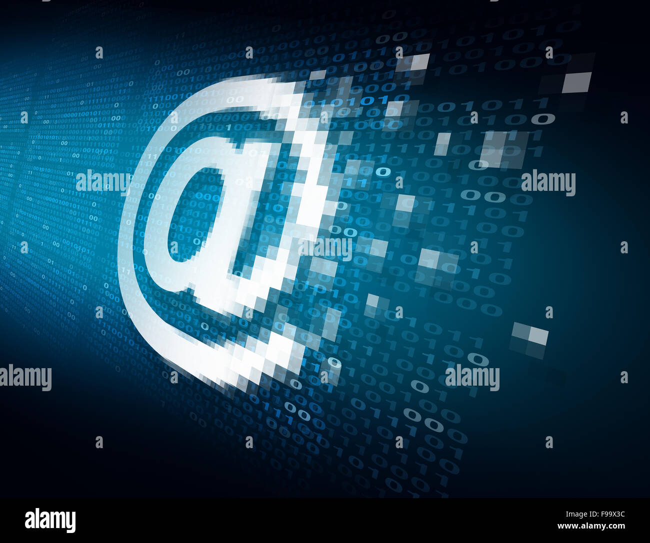 Email internet security technology concept as an at sign icon being encrypted for data transfer protection with binary code background as an online safety icon to protect password and username or reading of personal content. Stock Photo