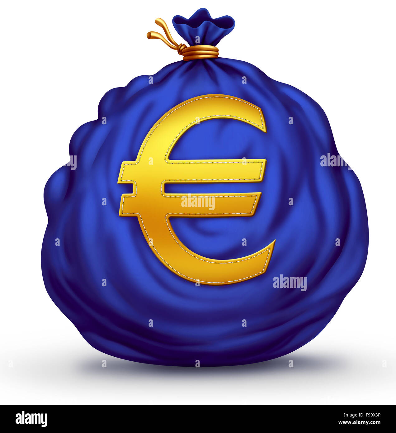 Euro currency bag object as a European financial business symbol as a big blue sack of money with a Europe monetary exchange icon stitched to the finance element on a white background. Stock Photo