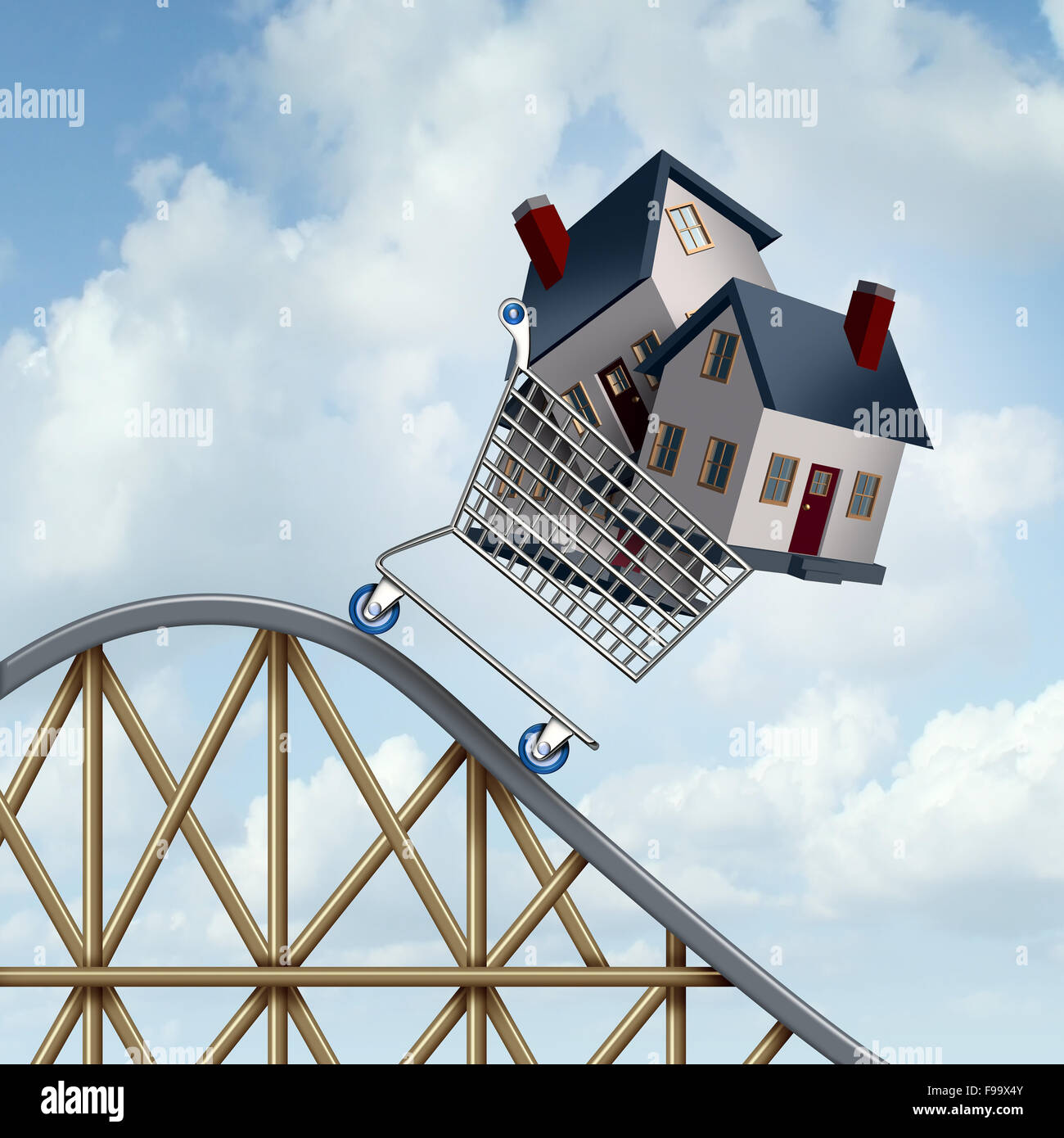 Falling home prices and declining real estate value financial concept as sold houses in a shopping cart going down a roller coaster as a business financial concept as low or lower mortgage residential loan rates and buying your family dream home. Stock Photo