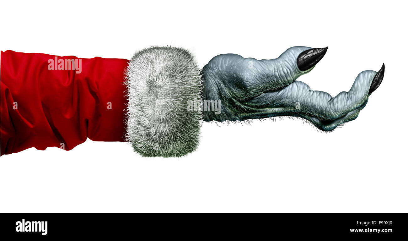 Miser monster and cheapskate scrooge hand symbol with wearing a red coat as an icon for winter holiday selfish behavior and selfishness isolated on a white background. Stock Photo