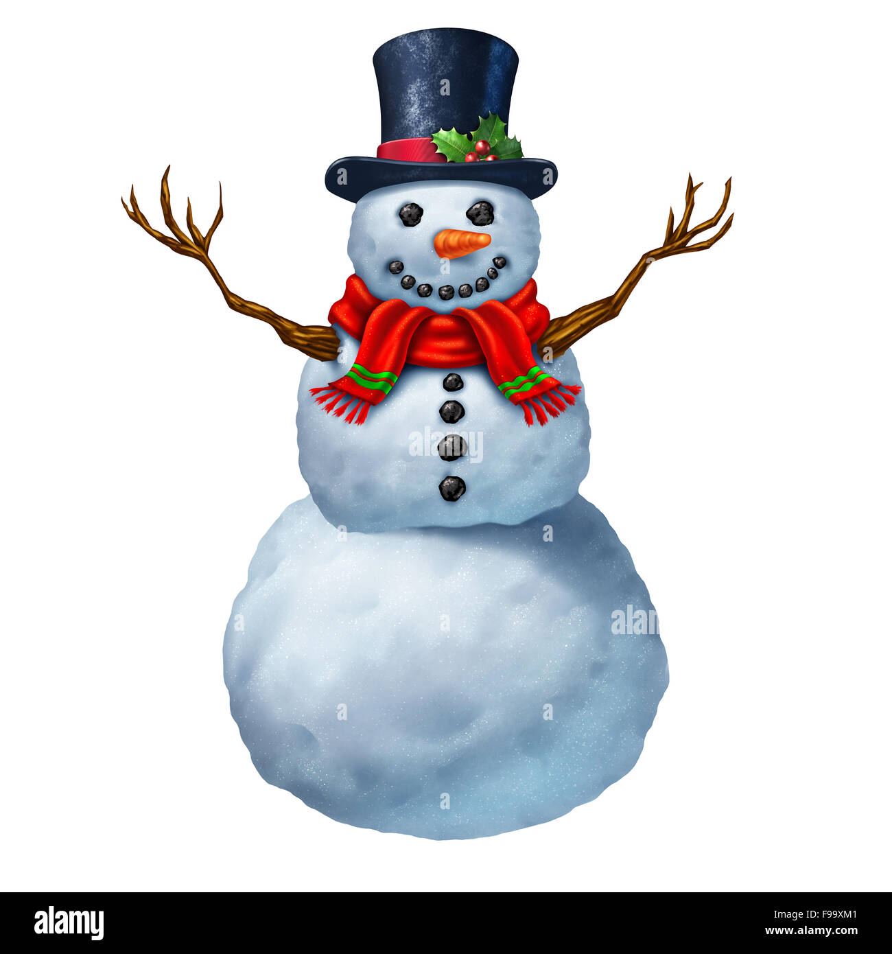 Snowman character isolated on a white background as a traditional magical winter celebration icon and festive seasonal symbol for snowing and snow fall play activity. Stock Photo